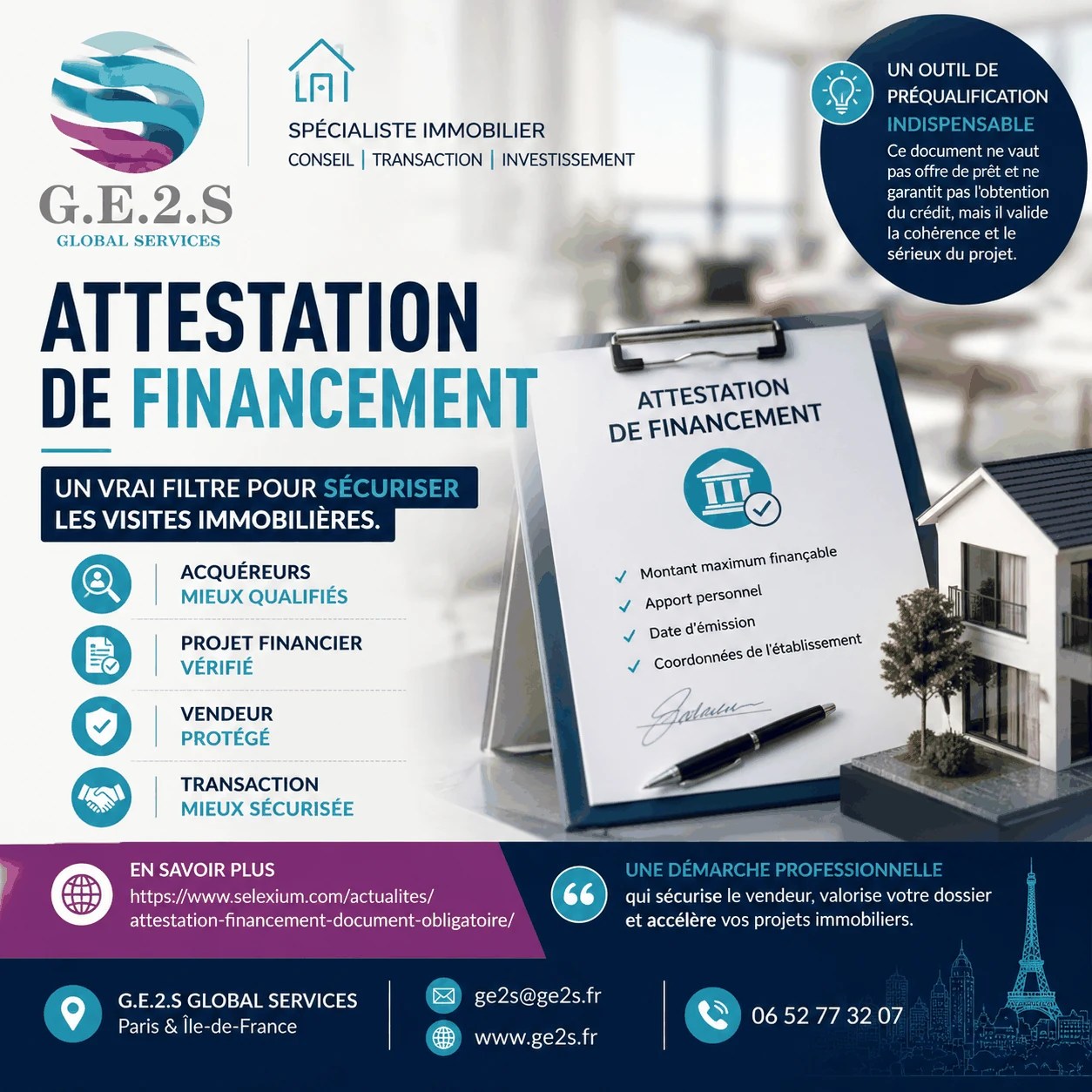 Attestation de financement : filtrer les visites et sécuriser les offres — visuel GE2S IMMO