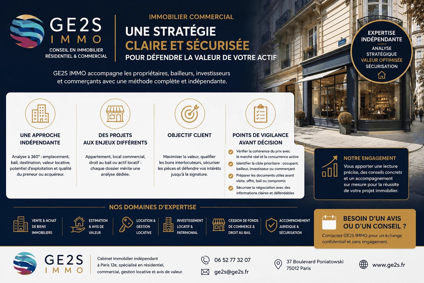 Immobilier commercial en Île-de-France : locaux, vente, location et arbitrage — GE2S IMMO